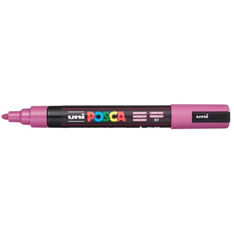 Vibrant raspberry Uni Posca Marker with bullet tip for precise, long-lasting color on paper, wood, and fabric.