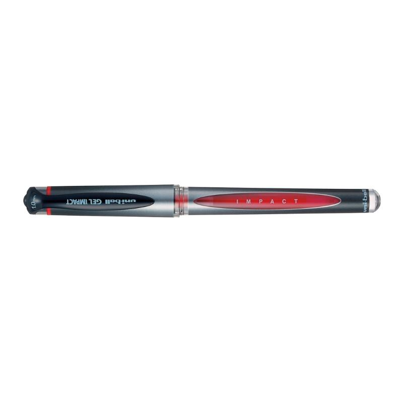 Vibrant red Uni-Ball Signo Gel Impact pen with 1.0mm stainless steel tip for smooth, precise writing and drawing.