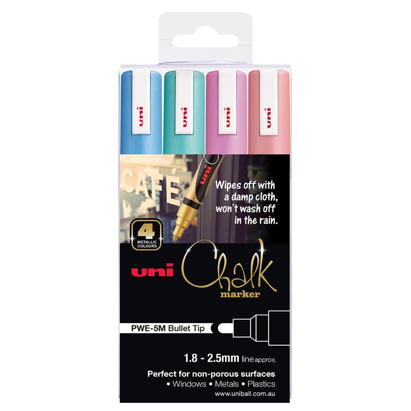 Uni Chalk Marker 1.8-2.5mm Bullet Tip 4 Pack Metallic PWE-5M