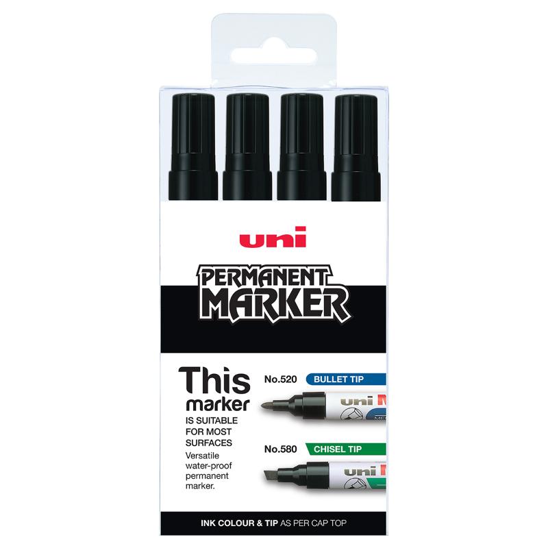 Uni Permanent Bullet Tip Marker 4 Piece Black 520