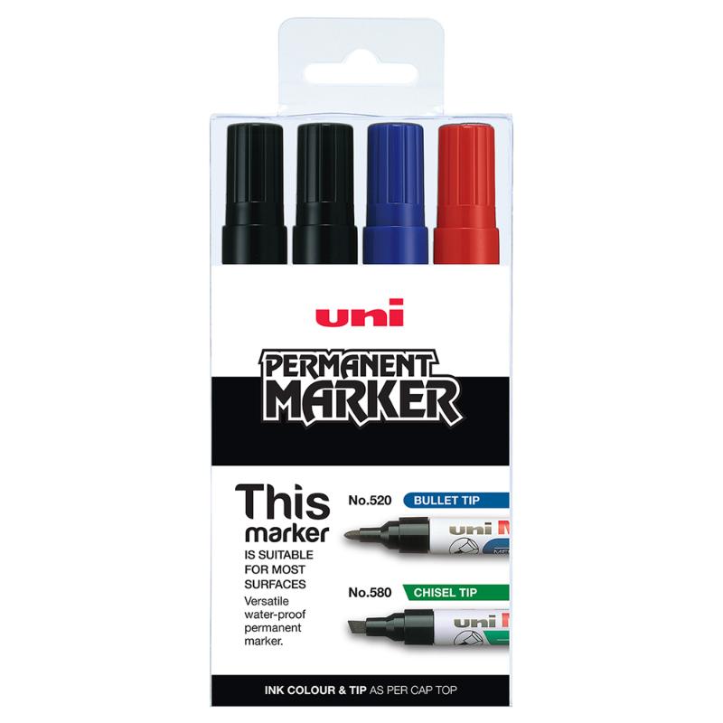 Uni Permanent Bullet Tip Marker 4 Piece Asstd 520