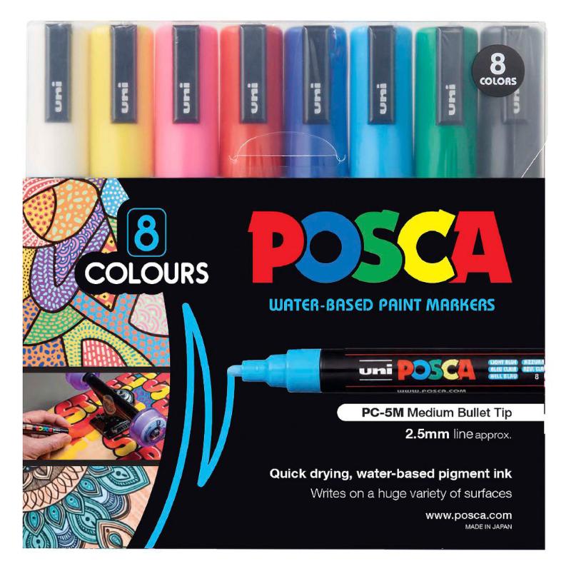 Set of 8 Uni Posca markers in assorted colors, perfect for vibrant art on paper, wood, and fabric with a 1.8-2.5mm line width.