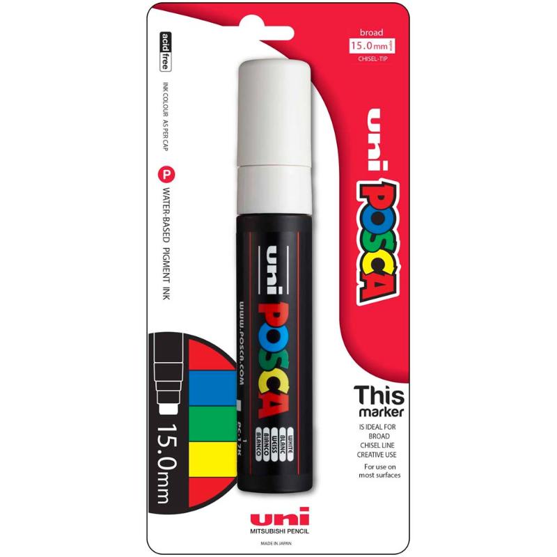 Uni Posca Marker 15.0mm Extra-Broad Chisel White PC-17K Hangsell