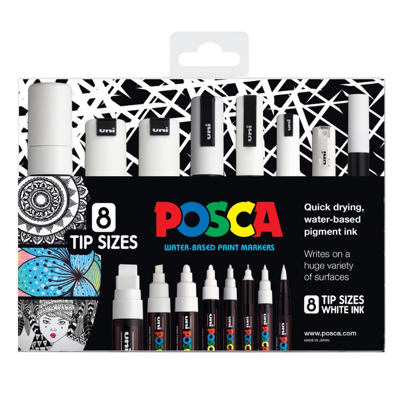 Set of 8 Uni Posca white markers in various tip sizes for versatile and creative art projects.