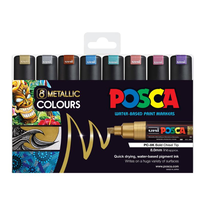 Set of 8 metallic Uni Posca markers with 8mm chisel tips, ideal for vibrant artwork on various surfaces.