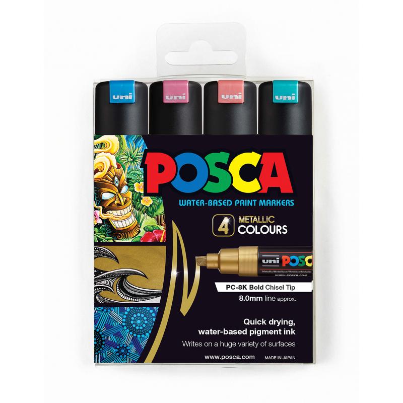 Uni Posca Marker 8.0mm Bold Chisel 4 Pack Metallic PC-8K