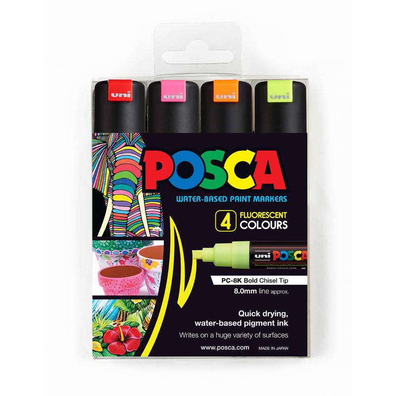 Uni Posca Marker 8.0mm Bold Chisel 4 Pack Fluoro PC-8K