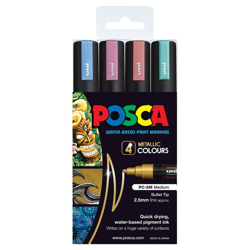 Uni Posca Marker 1.8-2.5mm Med Bullet 4 Pack Metallic PC-5M