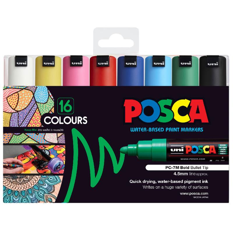 Uni Posca Marker 4.5-5.5mm Bold Bullet 16 Pack Assorted PC-7M