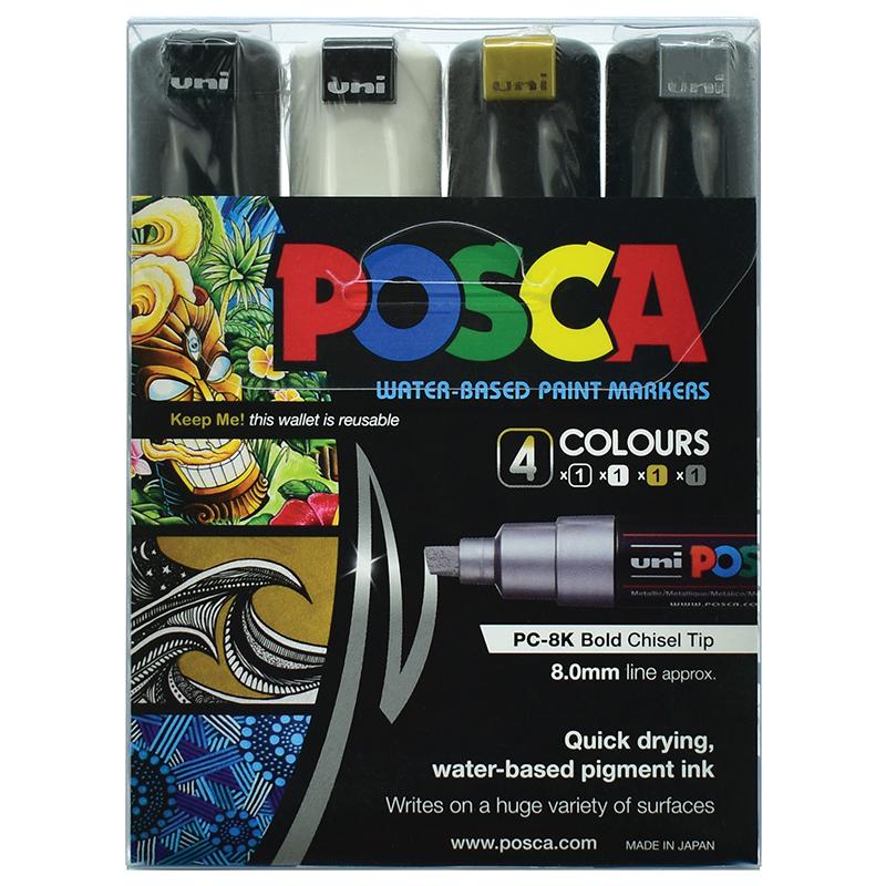 Uni Posca Marker 8.0mm Bold Chisel 4 Pack Black White Gold Silver PC-8K