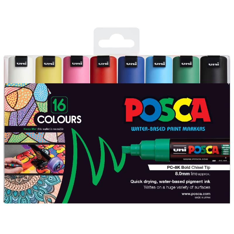 Uni Posca Marker 8.0mm Bold Chisel 16 Pack Assorted PC-8K