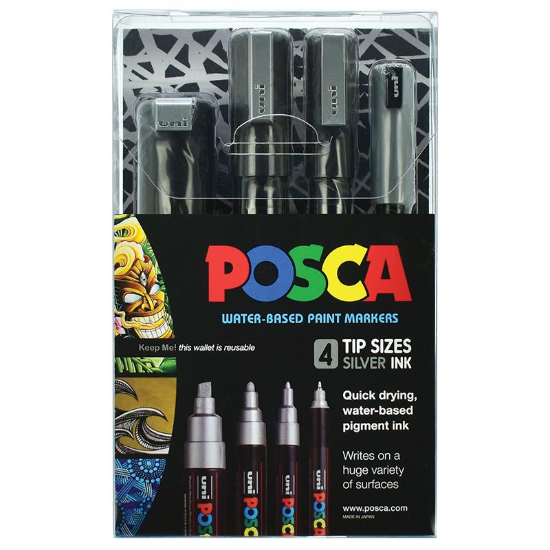 Uni Posca Marker Silver Set Pack of 4 Tip Sizes