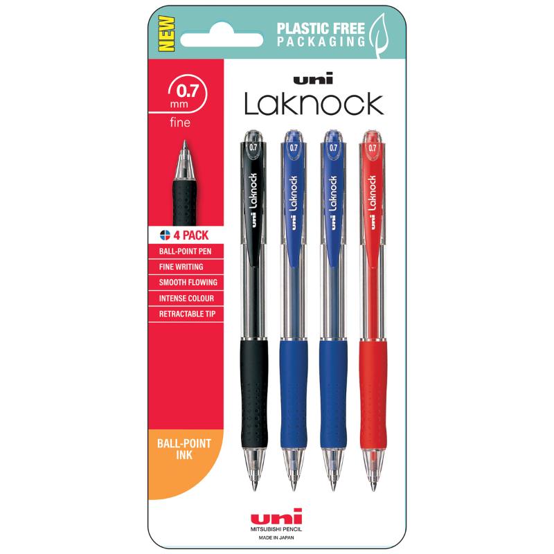 Uni Laknock 0.7mm Fine Retractable Assorted Hangsell Pk4