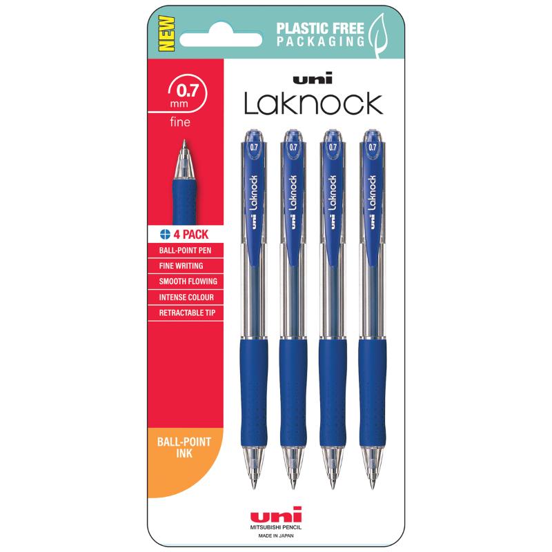 Uni Laknock 0.7mm Fine Retractable Blue Hangsell Pk4