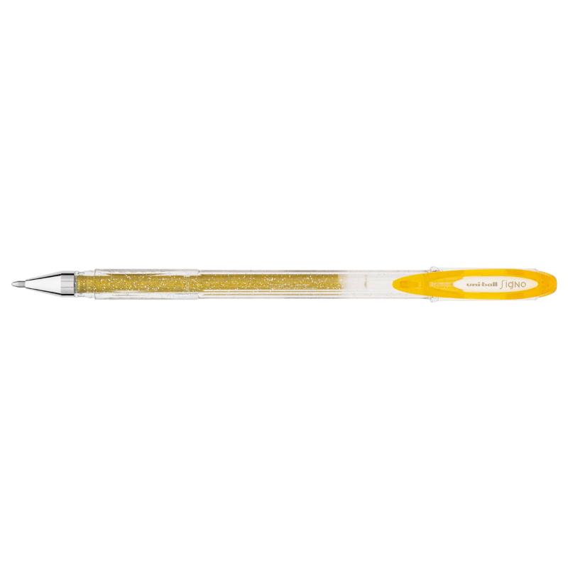 Gold Uni-Ball Signo Sparkling 0.7mm gel pen with shimmering ink, perfect for detailed writing and crafting.