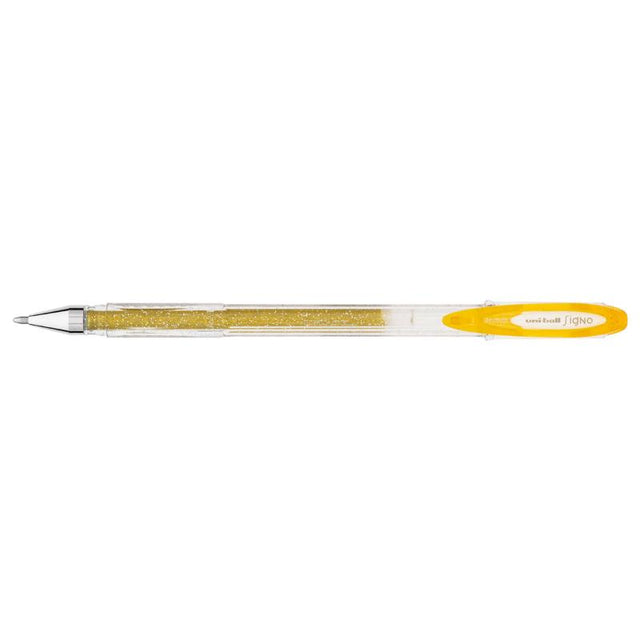 Gold Uni-Ball Signo Sparkling 0.7mm gel pen with shimmering ink, perfect for detailed writing and crafting.