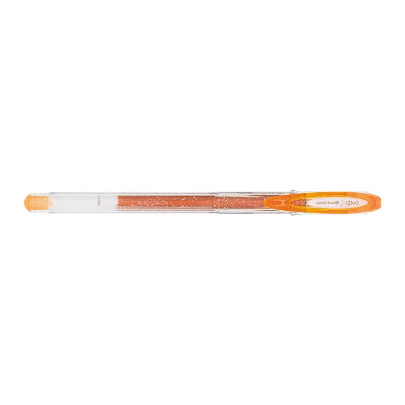 Vibrant orange Uni-Ball Signo Sparkling gel pen with 0.7mm tip for precise writing and shimmering effects.