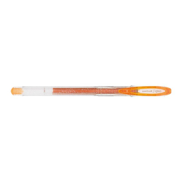 Vibrant orange Uni-Ball Signo Sparkling gel pen with 0.7mm tip for precise writing and shimmering effects.