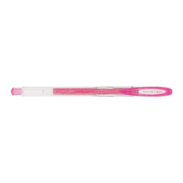 Vibrant pink Uni-Ball Signo Sparkling gel pen with 0.7mm tip, perfect for creative writing and art projects.