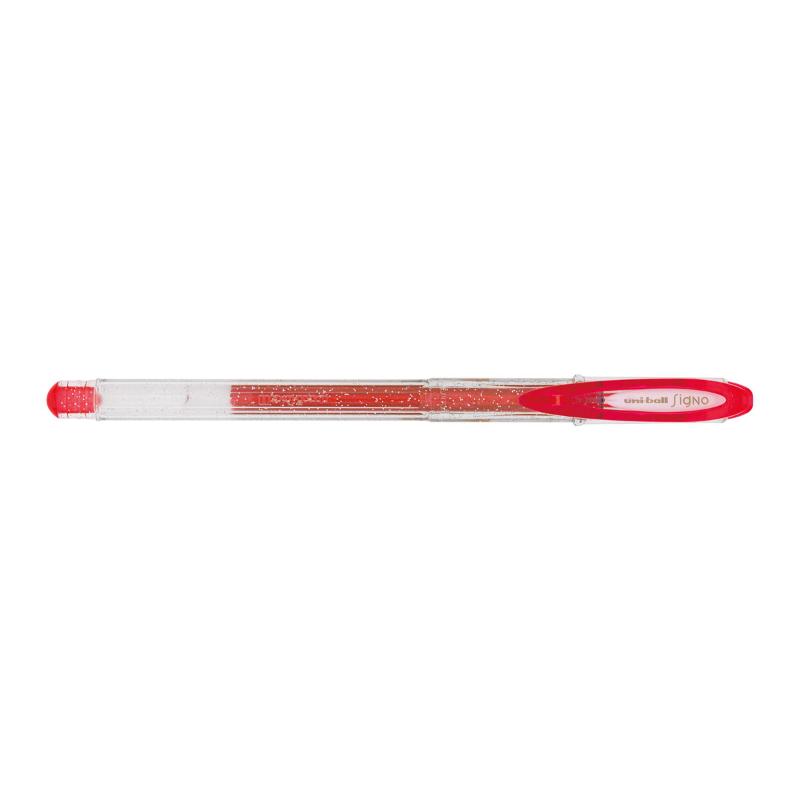 Uni-Ball Signo Sparkling 0.7mm Gel Pen in shimmering red, ideal for smooth writing, journaling, and artistic projects.