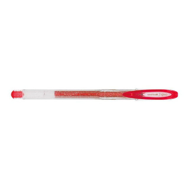 Uni-Ball Signo Sparkling 0.7mm Gel Pen in shimmering red, ideal for smooth writing, journaling, and artistic projects.
