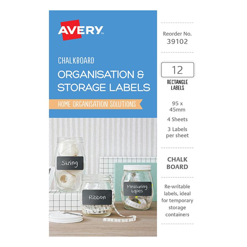 Avery Chalkboard O&S Labels, A6 size, 12 wipeable labels for organizing containers, erasable, stylish, removable adhesive.