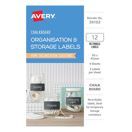 Avery Chalkboard O&S Labels, A6 size, 12 wipeable labels for organizing containers, erasable, stylish, removable adhesive.