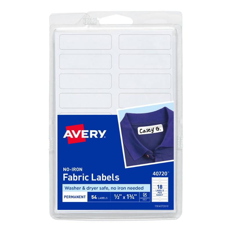 Avery No Iron Fabric Labels, A6 size, 54 pack, durable and easy to apply for clothing and crafting projects.