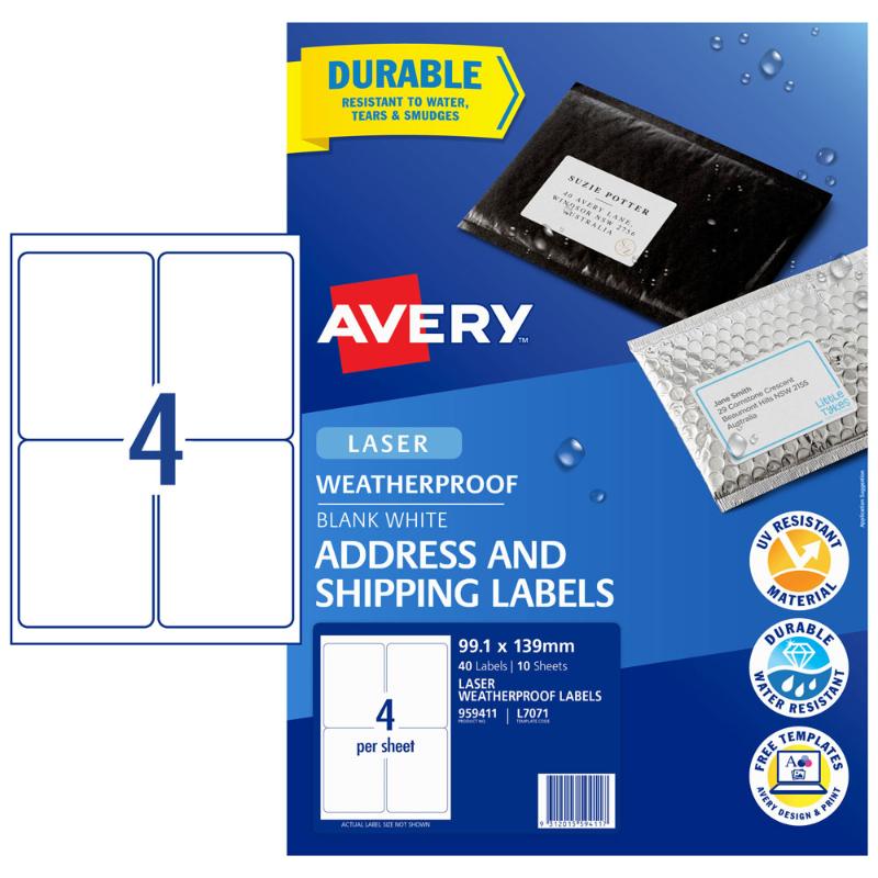 Avery Weatherproof Label L7071 99.1X139mm 4up 10 Sheets