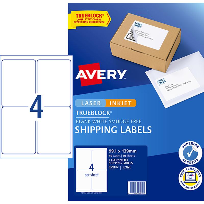 Avery Label L7169 Internet Shipping Label 99.1x139mm 4up 10 Sheets