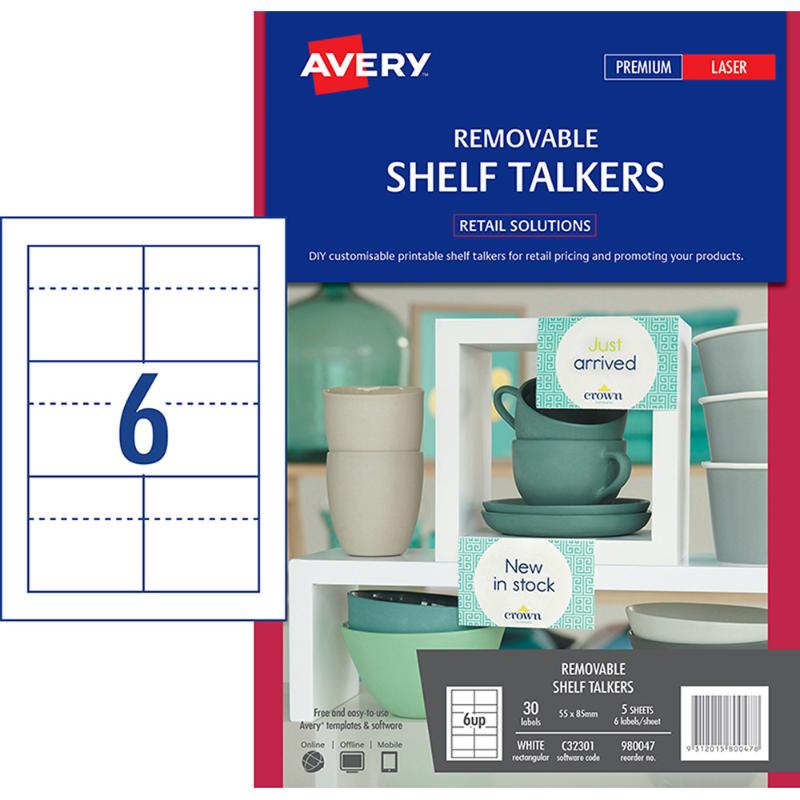 Avery Shelf Talkers C32301 Removable 55x85mm 6up 5 Sheets