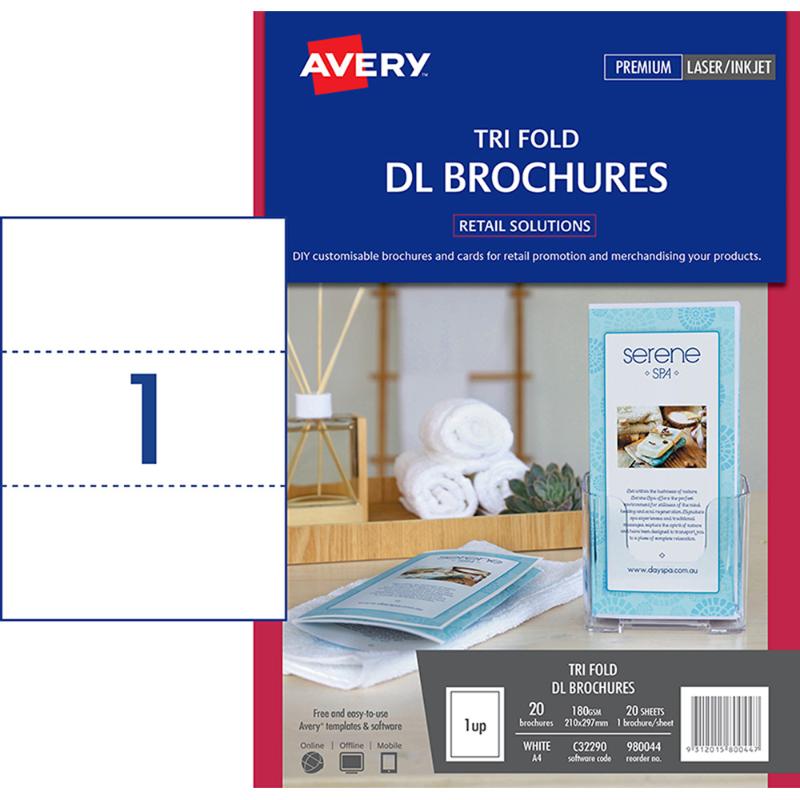 Avery Brochures  Tri Fold DL A4 Inkjet Laser 1up 20 Sheets