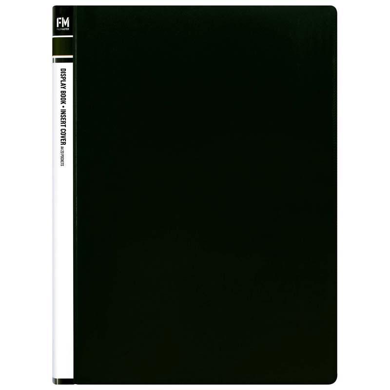 FM Display Book with black cover and 20 clear pockets for document organization and protection, ideal for A4 size.