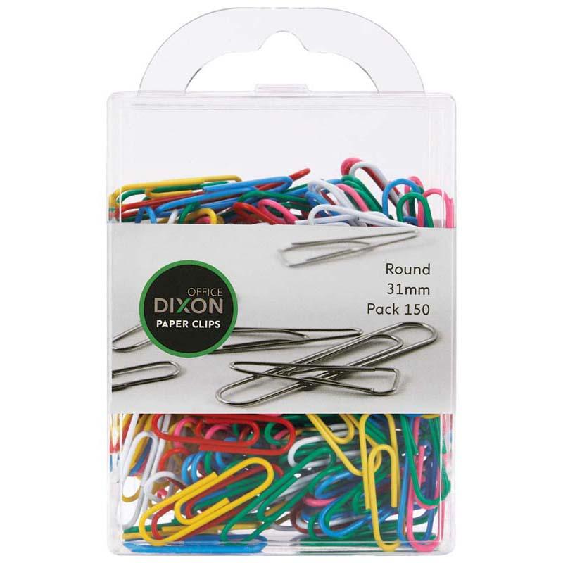 Dixon 31mm round coloured paper clips, pack of 150, ideal for organizing documents with style and durability.