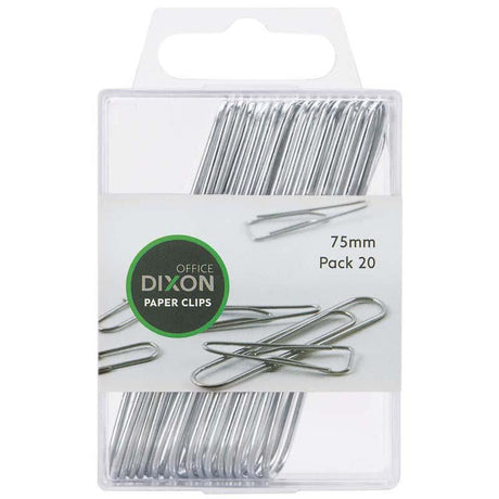 Dixon Paper Clips 75mm pack of 20, durable silver clips for organizing documents and files professionally.