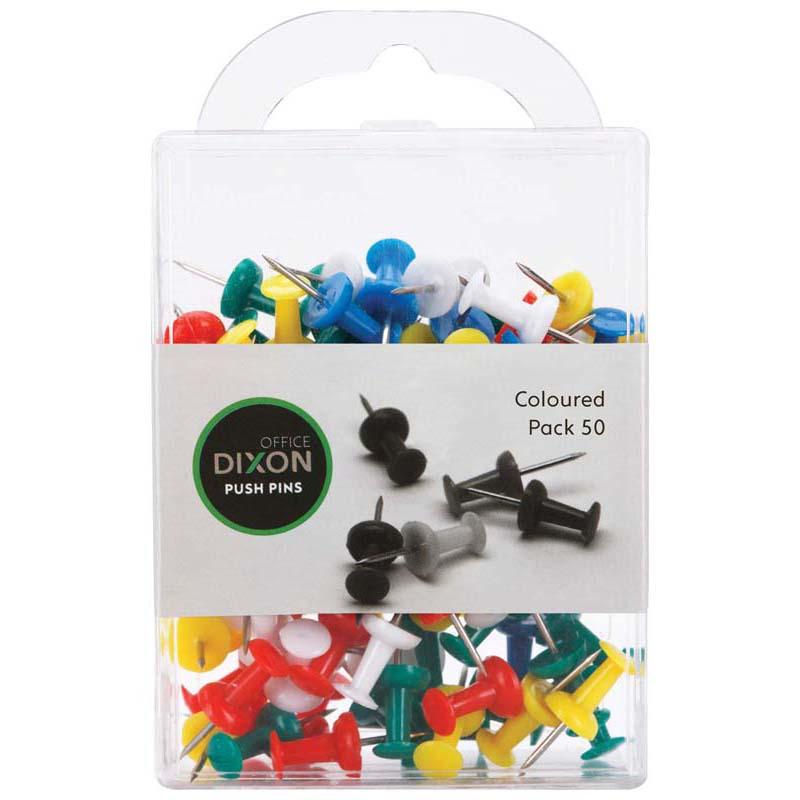 Pack of 50 Dixon push pins in assorted colors, ideal for organization in offices, classrooms, and creative spaces.