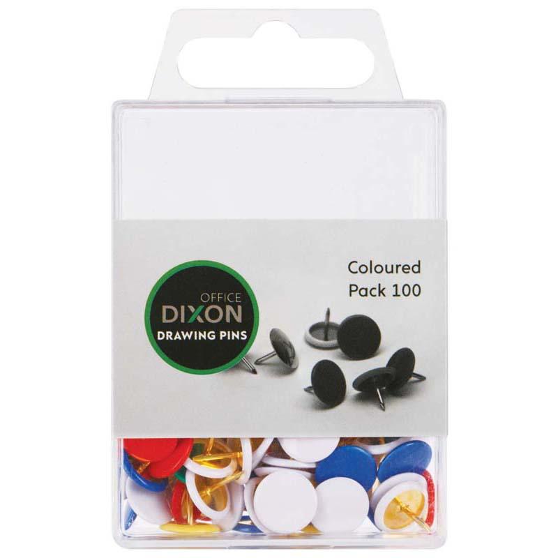 Pack of 100 vibrant Dixon drawing pins, durable plastic and metal for organizing papers and artwork creatively.