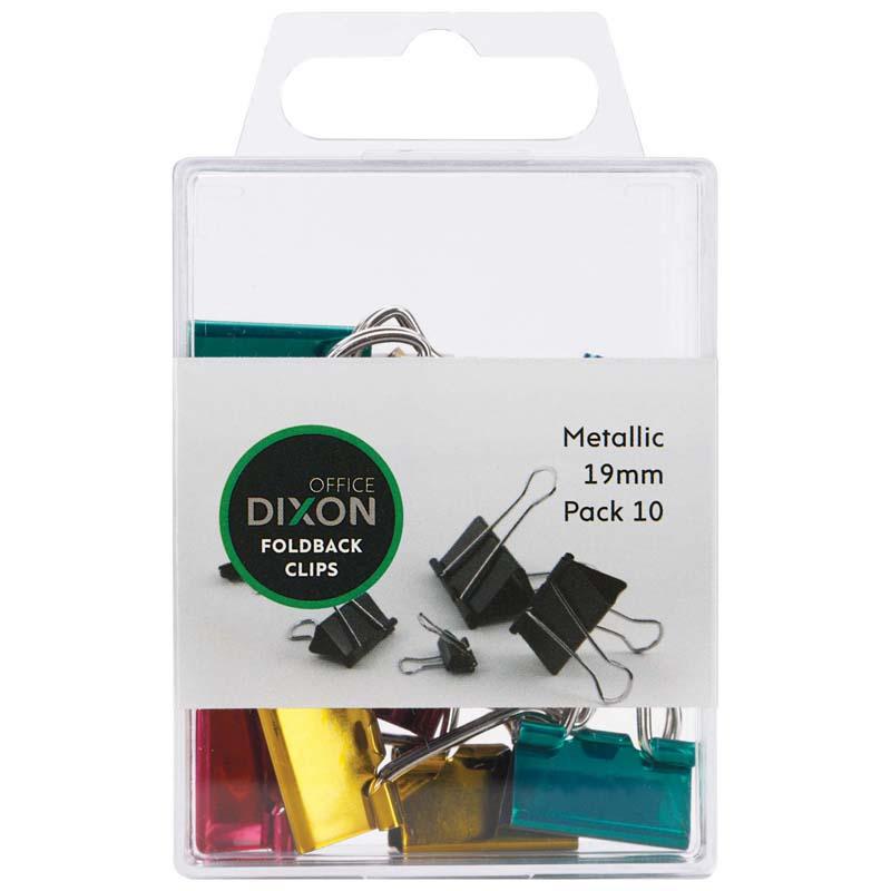 Dixon 19mm Metallic Foldback Clips in a pack of 10, perfect for stylish office and home document organization.