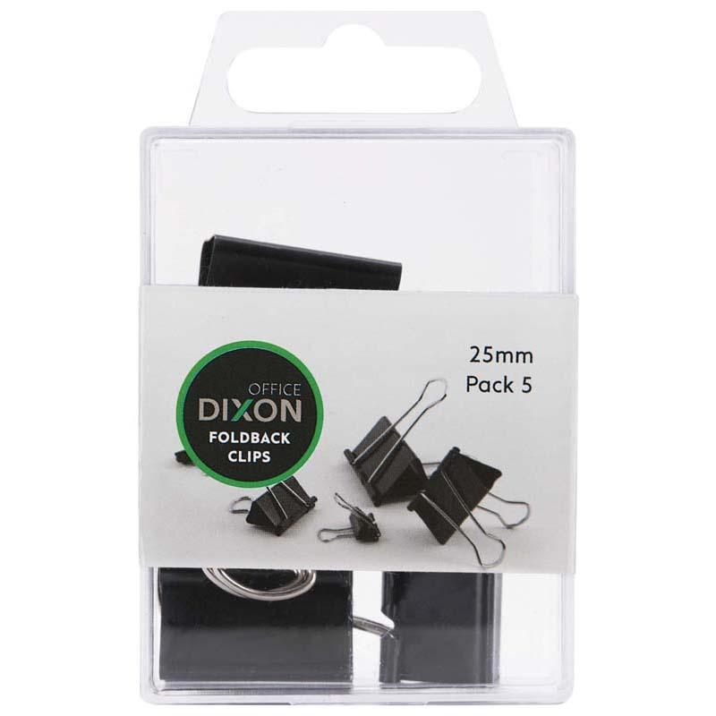 Silver 25mm Dixon Foldback Clips in a pack of 5, designed for secure document organization with foldable handles.