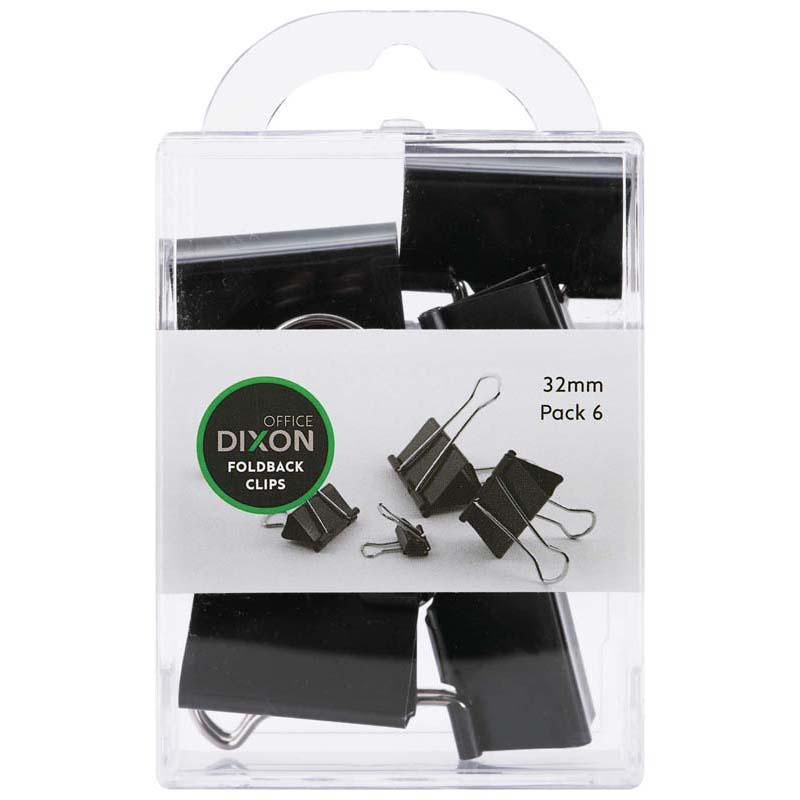 Dixon Foldback Clips 32mm Pack of 6, silver finish for secure document organization in office or school settings.