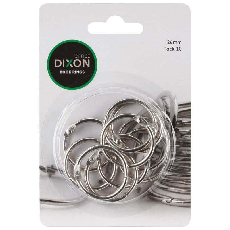 Dixon Book Rings 26mm pack of 10, chrome finish, durable metal for securely binding documents and crafting projects.