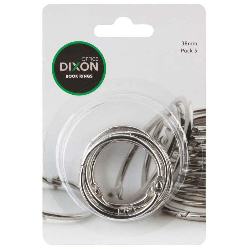 Dixon Book Rings 38mm pack of 5, chrome-plated metal for durable document binding and easy organization.