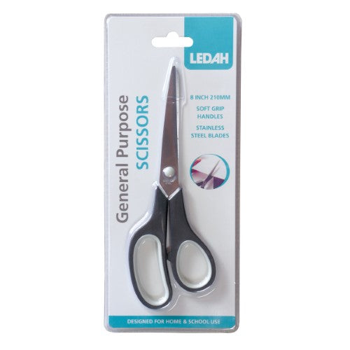 Ledah 210mm black general purpose scissors with stainless steel blades and soft grip handles for comfortable cutting.