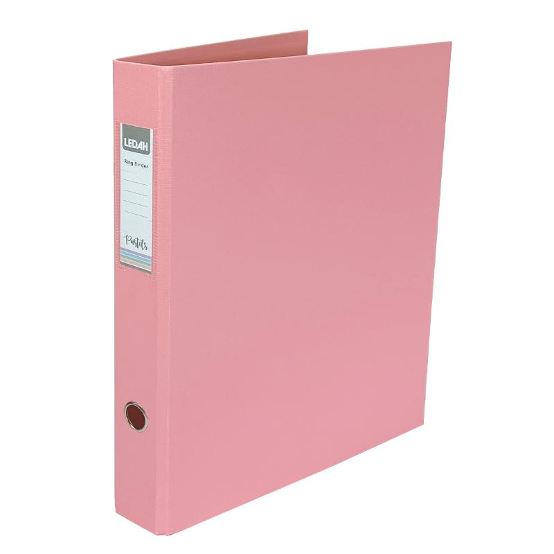 Ledah Pastels Pink A4 Ringbinder for stylish organization, holds 200 sheets, features sturdy rings and a chic linen texture.