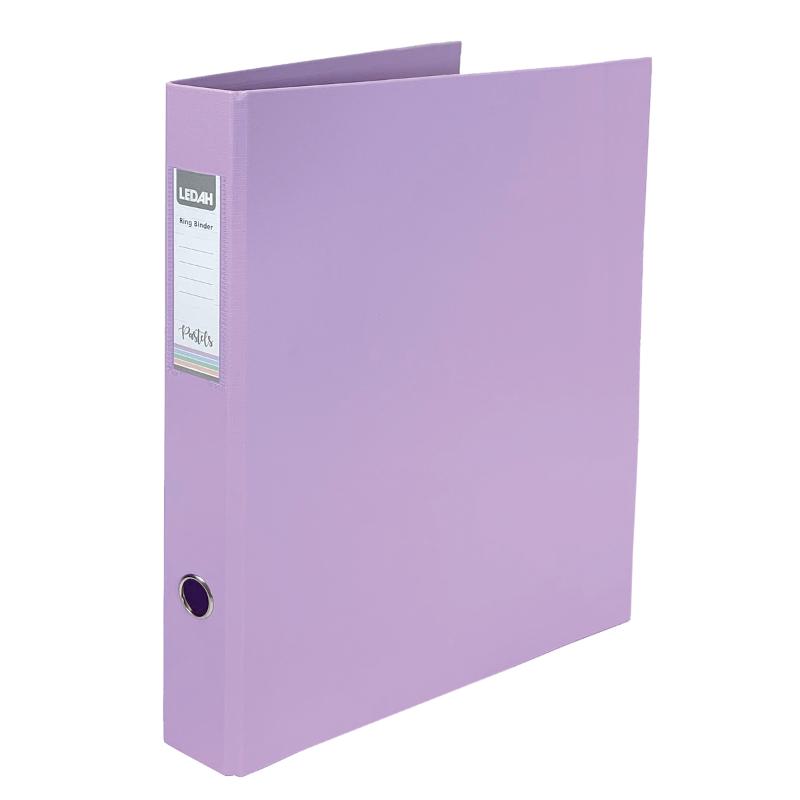 Ledah Pastels Purple A4 Ringbinder with linen-texture, holds 200 sheets, stylishly organizes documents.