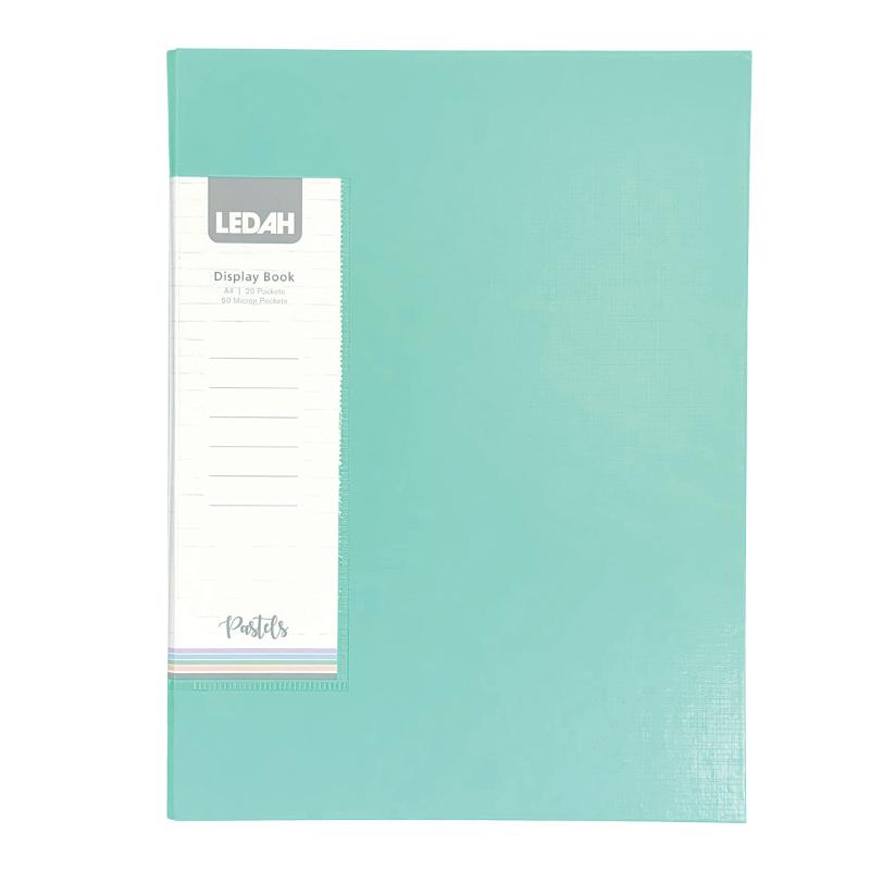 Ledah Pastels A4 Green Display Book with 20 pockets for stylish document organization and protection.