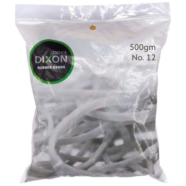 Dixon Rubber Bands No.12 in 500g pack, durable and elastic for organizing documents and crafts.