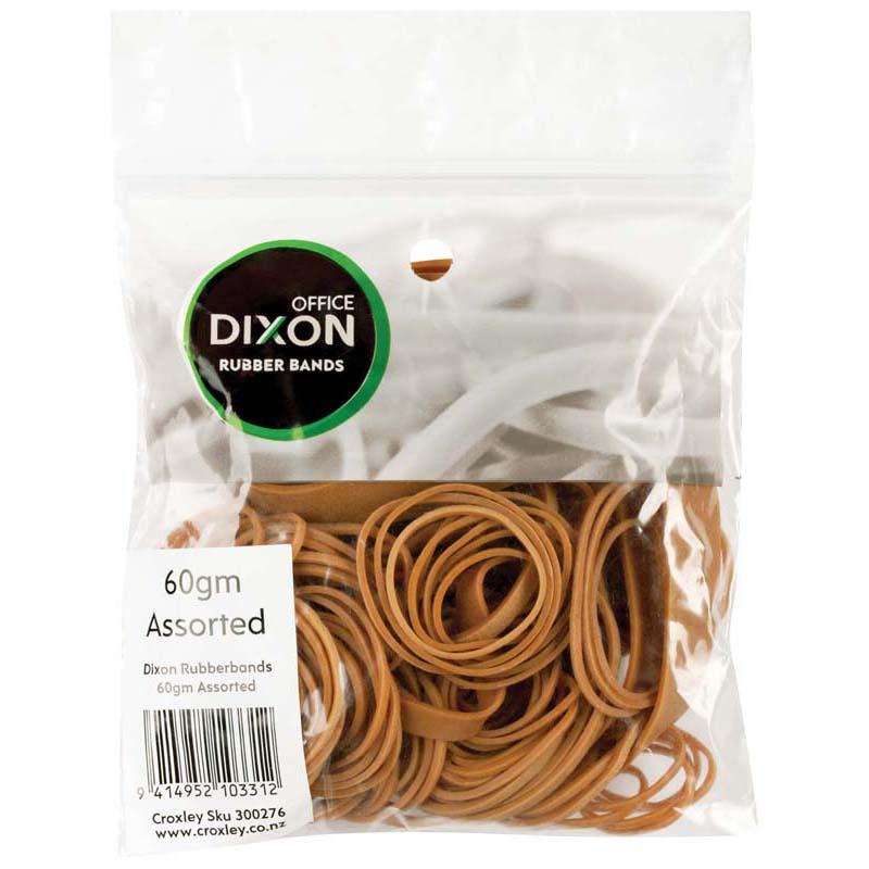 Dixon Rubber Bands 60gm assorted in a resealable bag, offering various sizes for organizing, crafting, and productivity.