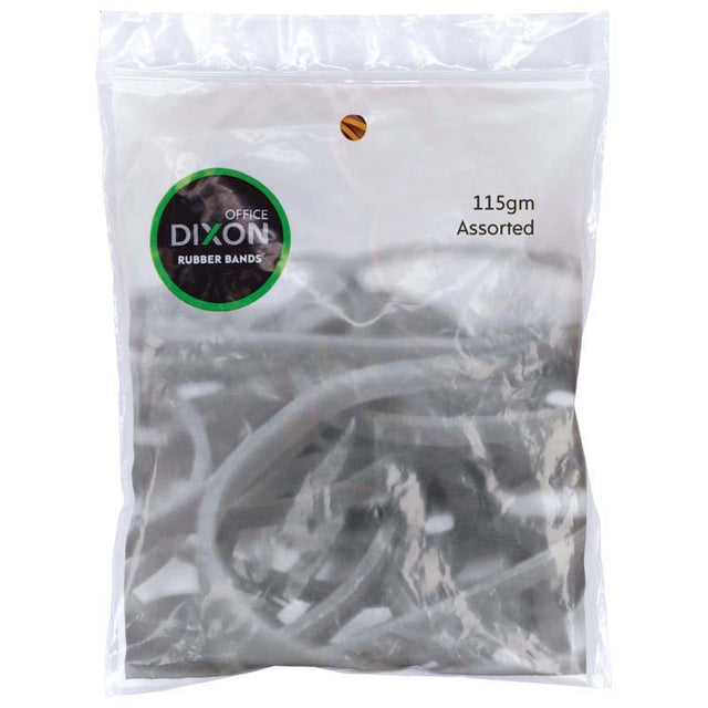 Assorted Dixon Rubber Bands in a resealable bag, durable and versatile for organization at home, school, or office.