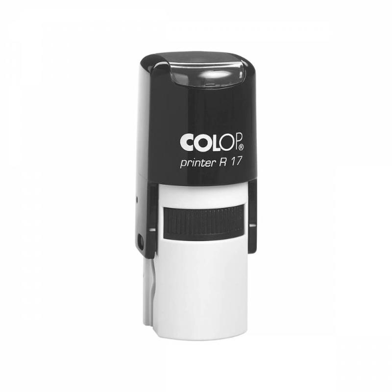 Colop R17 round self-inking stamp in sleek black, ideal for custom logos and return addresses, 17mm diameter.